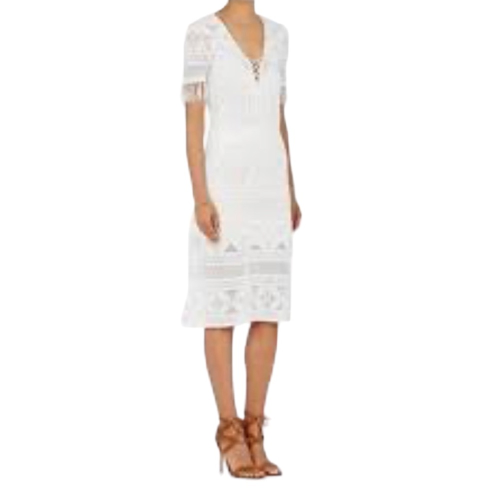 A.L.C. Women’s Short Sleeve Trevi Crochet/Fringe Sheath Dress White Size Medium